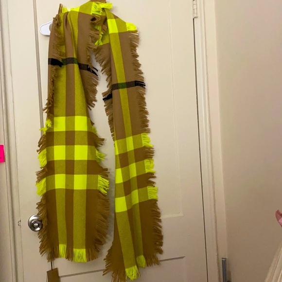 HP🎊 NWT Burberry tan and neon green wool scarf - Picture 2 of 10